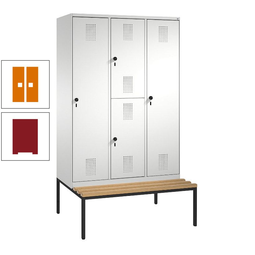 Garderobenschrank, Spind ein- und doppelstöckig Sitzbank, 3 Abteile, 4 Fächer, 2.090x1.200x500 mm (HxBxT), Front anthrazitgrau, Korpus anthrazitgrau