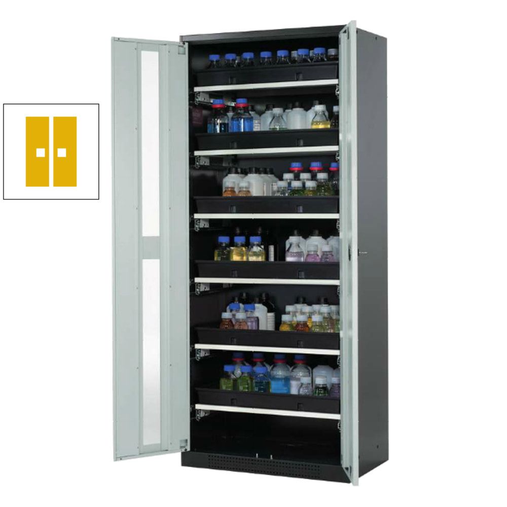 Chemikalienschrank - Flügeltüren - 4 Tablarauszüge - 1.950 x 810 x 520 mm (HxBxT) - anthrazitgrau/enzianblau