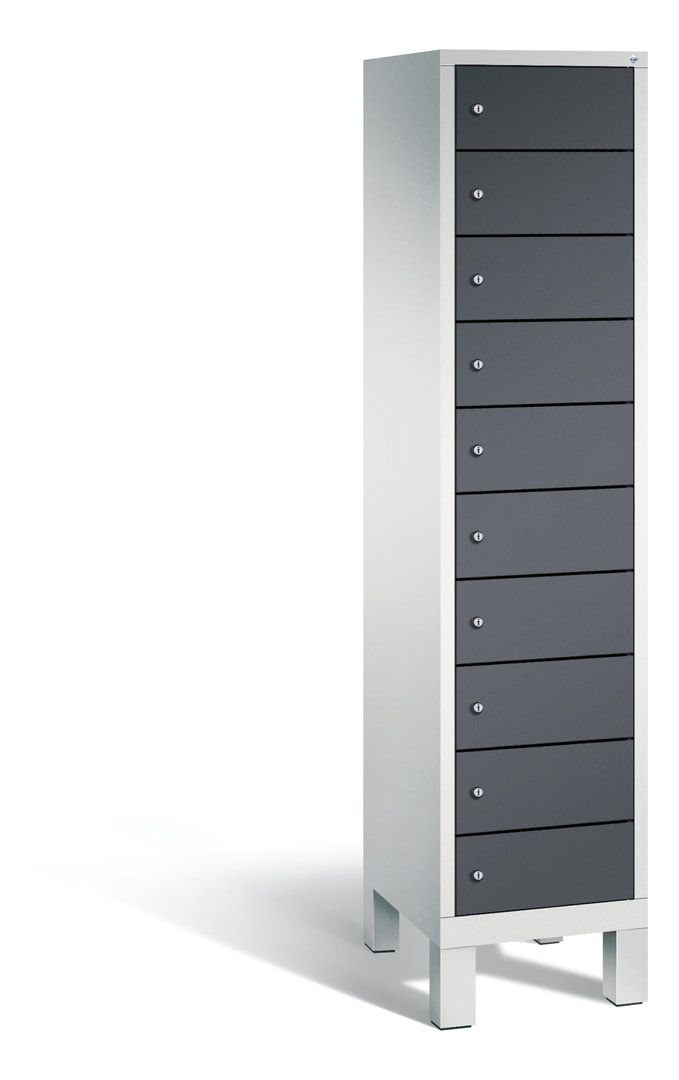 Laptopschrank, Tabletschrank, Computerschrank auf Füßen, 10 Fächer, 1.850 x 420 x 500 mm (HxBxT), Korpus gelborange, Tür anthrazitgrau