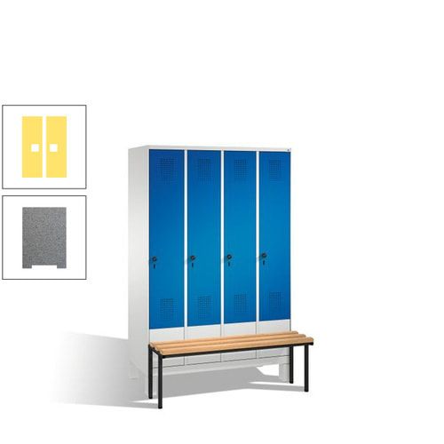 Stahl-Garderobenschrank, Spind, Buche Sitzbank vorgebaut, 4 Abteile a 300 mm, Korpus Lichtgrün, Tür Schwefelgelb, 1.850 x 1.200 x 815 mm (HxBxT)