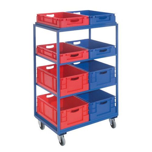 Kommissionierwagen für Eurolagerkästen, Traglast 230 kg, Ladefläche 600 x 805 mm, 4 Etagen, Farbe enzianblau
