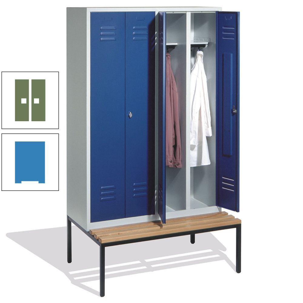 Doppel-Spindschrank, Buche Sitzbank untergebaut, 4 Abteile a 300 mm, Korpus lichtgrau, Tür anthrazitgrau, 2.090 x 1.190 x 815 mm (HxBxT)
