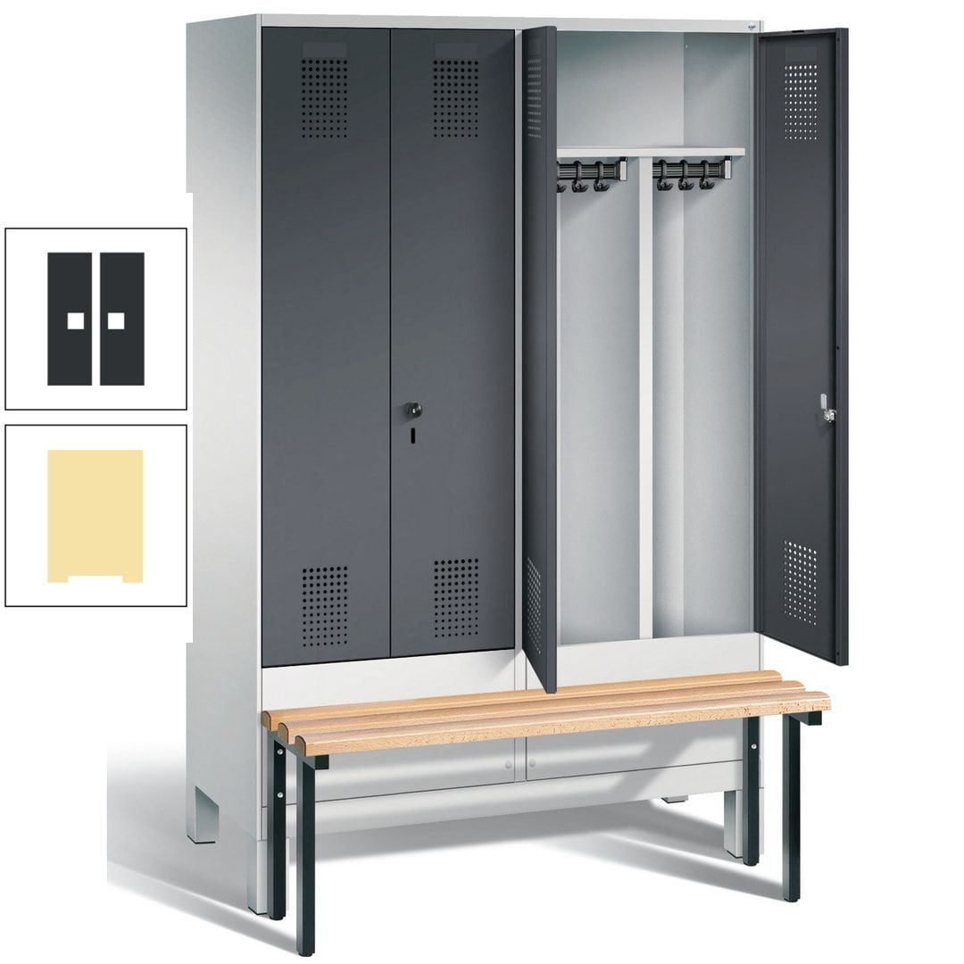Doppel-Spind, Garderobenschrank, Buche Sitzbank vorgebaut, 4 Abteile a 300 mm, Korpus feuerrot, Tür Wasserblau, 1.850 x 1.200 x 815 mm (HxBxT)