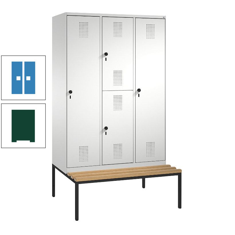 Garderobenschrank, Spind ein- und doppelstöckig Sitzbank, 3 Abteile, 4 Fächer, 2.090x1.200x500 mm (HxBxT), Front anthrazitgrau, Korpus anthrazitgrau