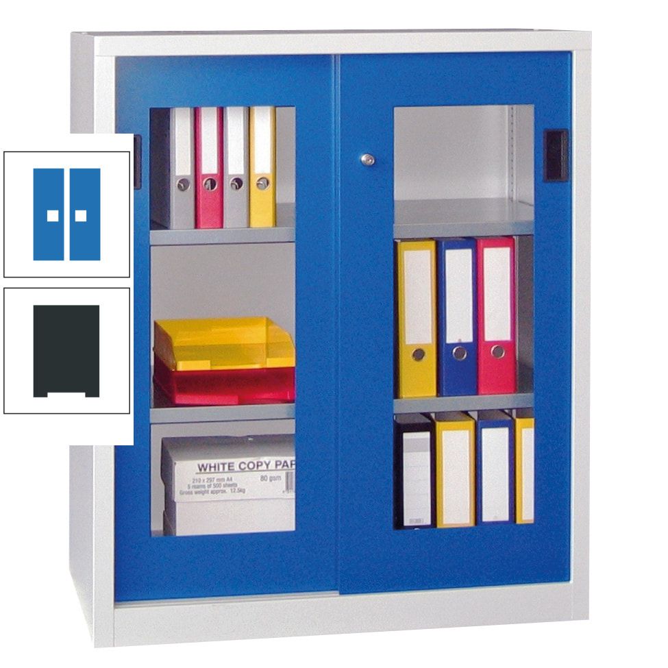 Schiebetürenschrank - Sichtfenstertüren - 1.000x1.000x400 mm (HxBxT) - 2 Böden, gepulvert - Zylinderschloss - anthrazitgrau