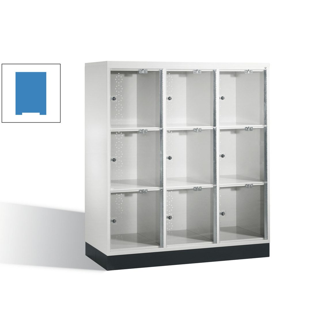 Schließfachschrank, Fächerschrank mit Türen aus Acrylglas, 3 Abteile, 9 Fächer, Zylinderschloss, 1.370 x 1.220 x 500 mm (HxBxT), Korpus anthrazitgrau