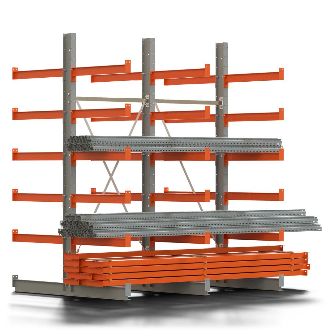 Doppelseitiges Kragarmregal, 2 Felder, 2.500 x 2.000 x 1.120 mm (HxBxT), Nutztiefe 500 mm, Kragarmlast 870 kg, KARL basic, silbergrau/reinorange