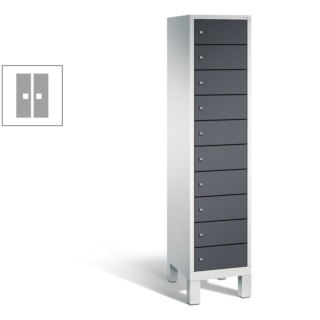 Laptopschrank, Tabletschrank, Computerschrank auf Füßen, 10 Fächer, 1.850 x 420 x 500 mm (HxBxT), Korpus gelborange, Tür anthrazitgrau