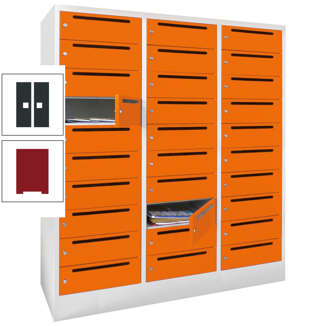 Postverteilerschrank, Schließfachschrank, 3 Abteile a 40 cm, 30 Fächer, 1.850 x 1.200 x 500 mm (HxBxT), Korpus anthrazitgrau, Front anthrazitgrau