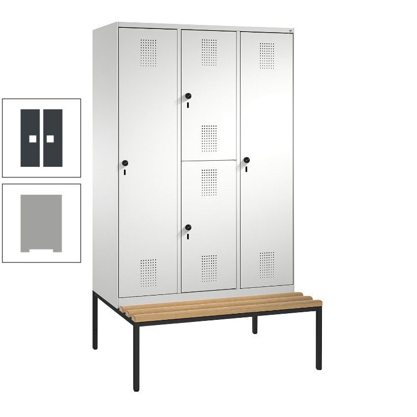 Garderobenschrank, Spind ein- und doppelstöckig Sitzbank, 3 Abteile, 4 Fächer, 2.090x1.200x500 mm (HxBxT), Front anthrazitgrau, Korpus anthrazitgrau