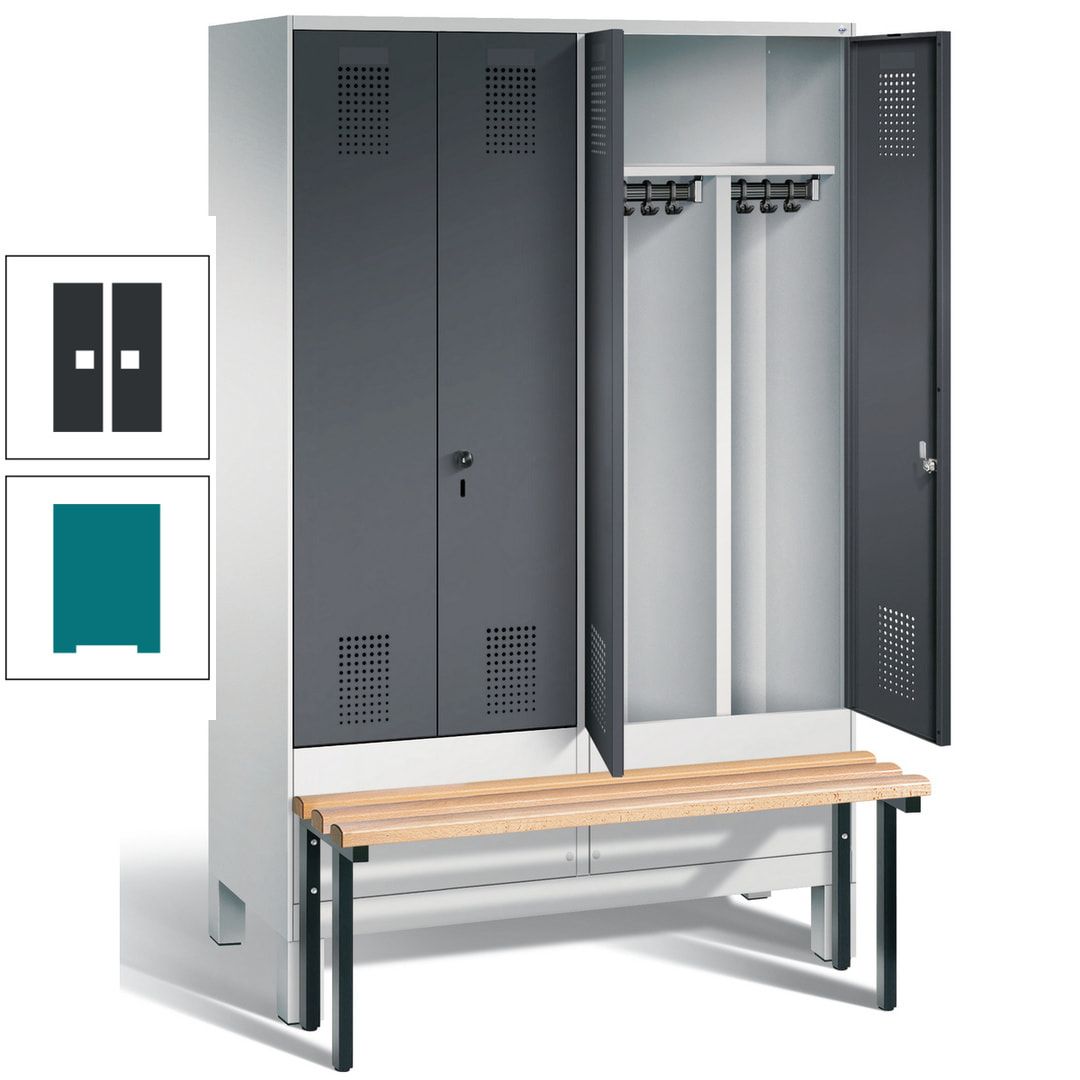 Doppel-Spind, Garderobenschrank, Buche Sitzbank vorgebaut, 4 Abteile a 300 mm, Korpus feuerrot, Tür Wasserblau, 1.850 x 1.200 x 815 mm (HxBxT)