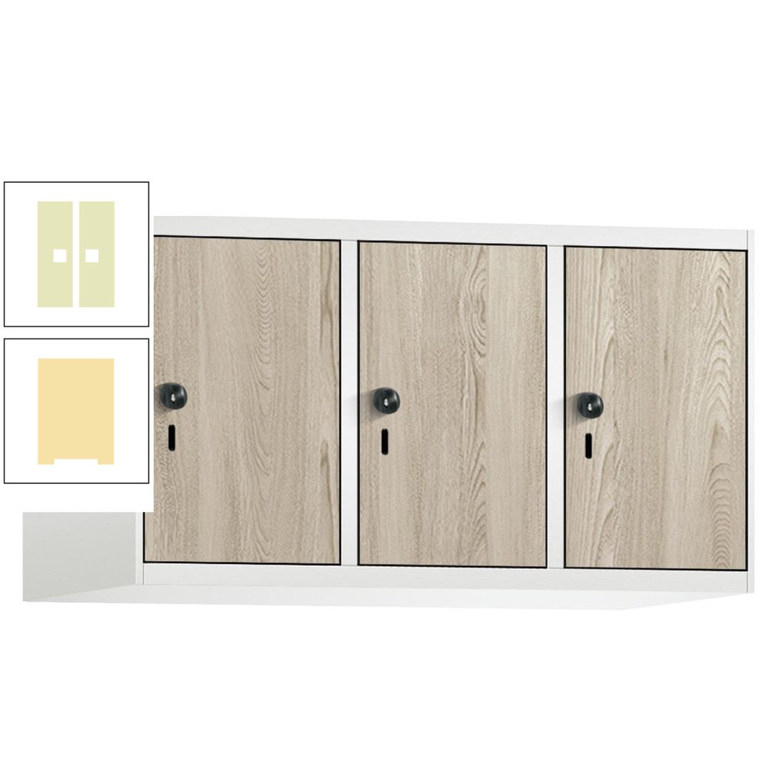 Aufsatzschrank, Schrankaufsatz, 3 Fächer a 300 mm, Farbe Pastellgelb, Tür anthrazitgrau, 500 x 900 x 500 mm (HxBxT)