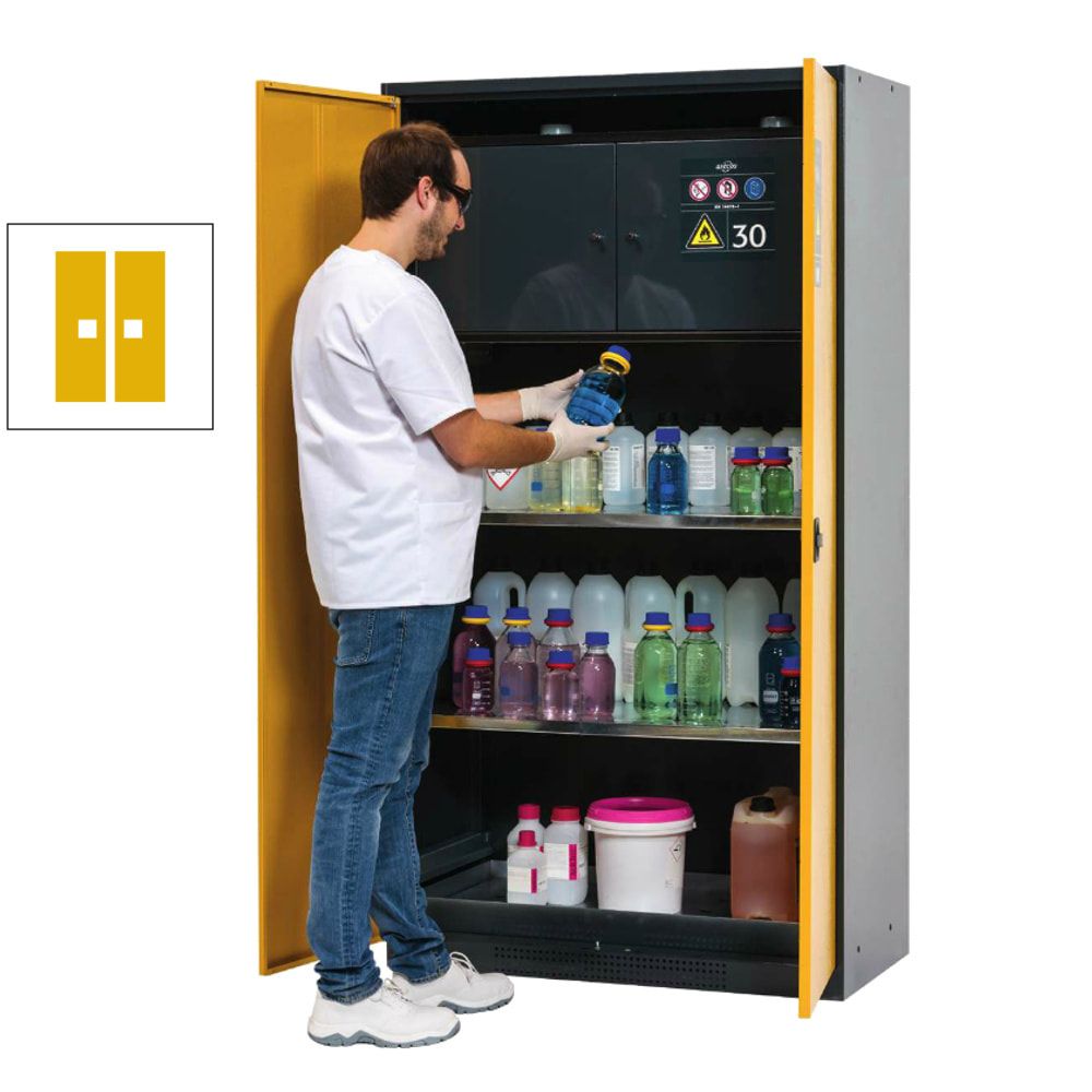 Chemikalienschrank - Sicherheitsbox - Flügeltüren, goldgelb - 2 Fachböden - Lochblecheinsatz - 1.950 x 1.055 x 520 mm - Stahl, pulverbeschichtet