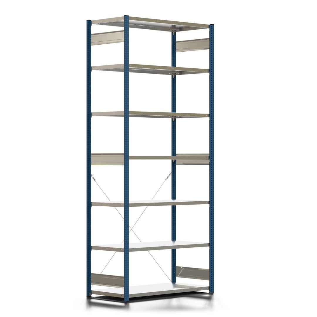 Fachbodenregal mit Tiefenriegel - 350 kg - 3.000 x 1.285 x 626 mm (HxBxT) - Anbauregal - 7 Böden - enzianblau - Lagerregal - Steckregal BERT
