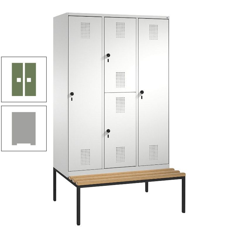 Garderobenschrank, Spind ein- und doppelstöckig Sitzbank, 3 Abteile, 4 Fächer, 2.090x1.200x500 mm (HxBxT), Front anthrazitgrau, Korpus anthrazitgrau