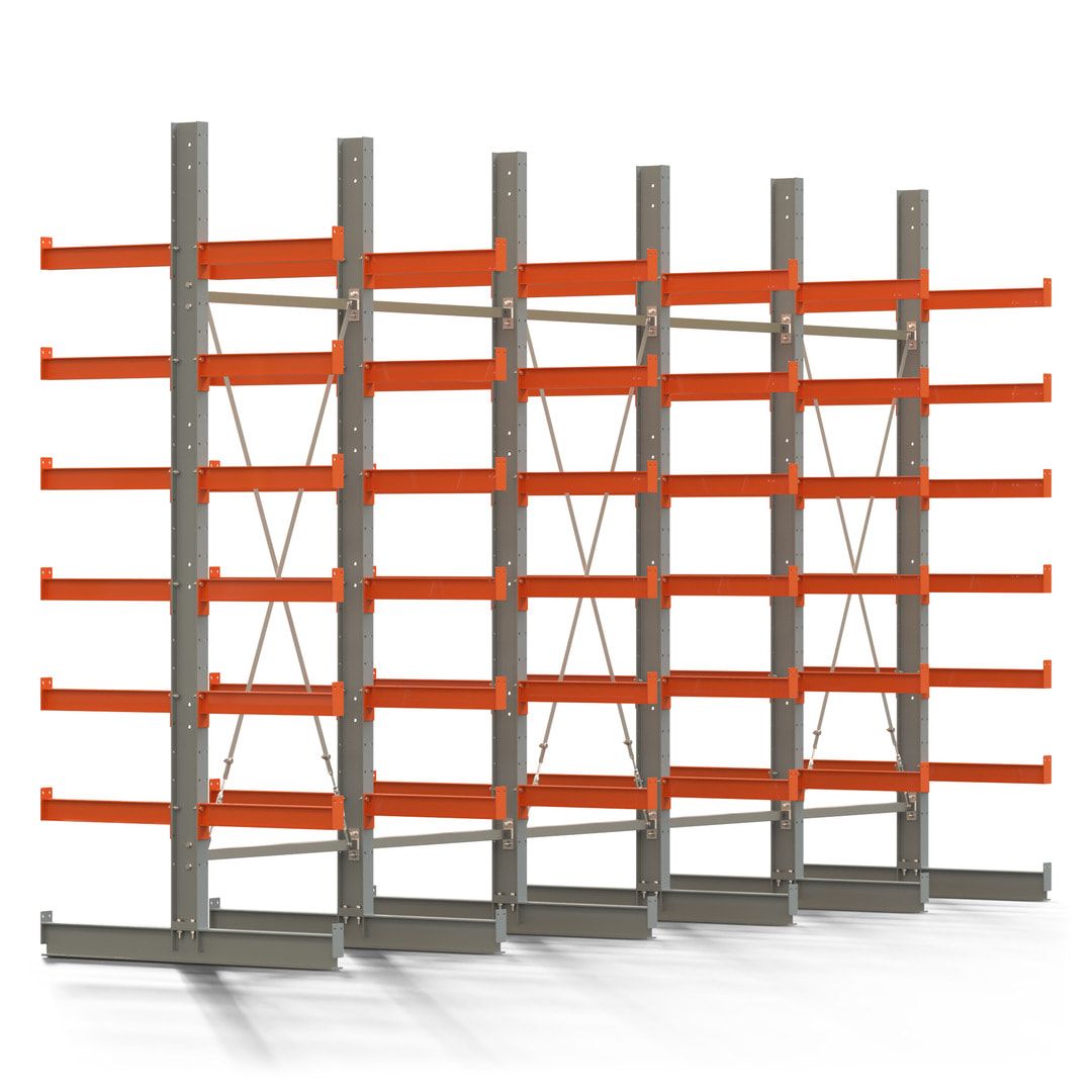 Doppelseitiges Kragarmregal, 2 Felder, 3.000 x 2.000 x 1.120 mm (HxBxT), Nutztiefe 500 mm, Kragarmlast 870 kg, KARL basic, silbergrau/reinorange