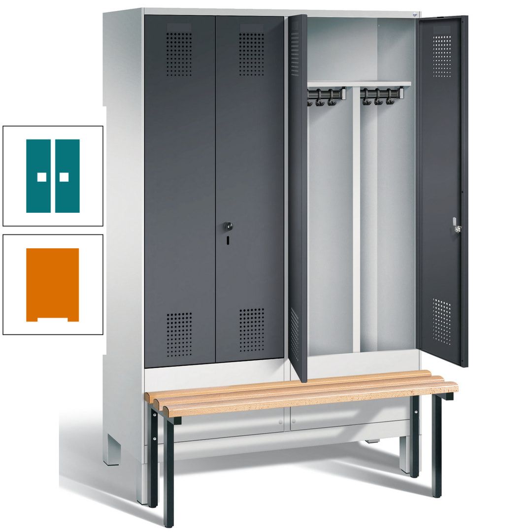 Doppel-Spind, Garderobenschrank, Buche Sitzbank vorgebaut, 4 Abteile a 300 mm, Korpus feuerrot, Tür Wasserblau, 1.850 x 1.200 x 815 mm (HxBxT)