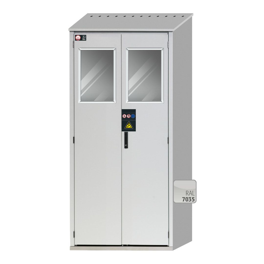 Druckgasflaschenschrank für Außenbereich, Edelstahlsockel, 3 Flaschenplätze, Türen mit Klappfenster, 2.149 x 1.006 x 400 mm (HxBxT), Farbe lichtgrau