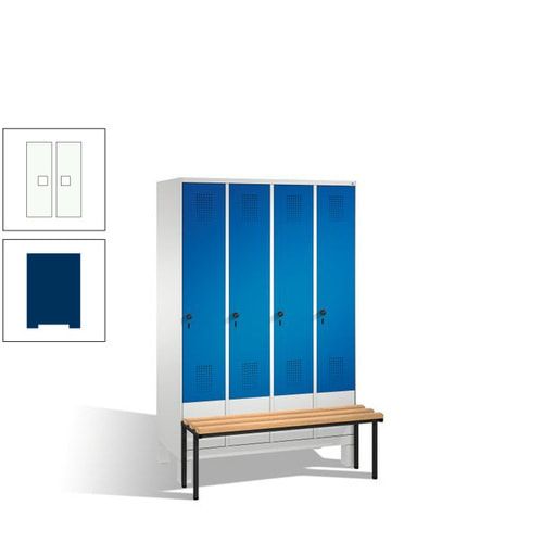 Stahl-Garderobenschrank, Spind, Buche Sitzbank vorgebaut, 4 Abteile a 300 mm, Korpus Lichtgrün, Tür Schwefelgelb, 1.850 x 1.200 x 815 mm (HxBxT)