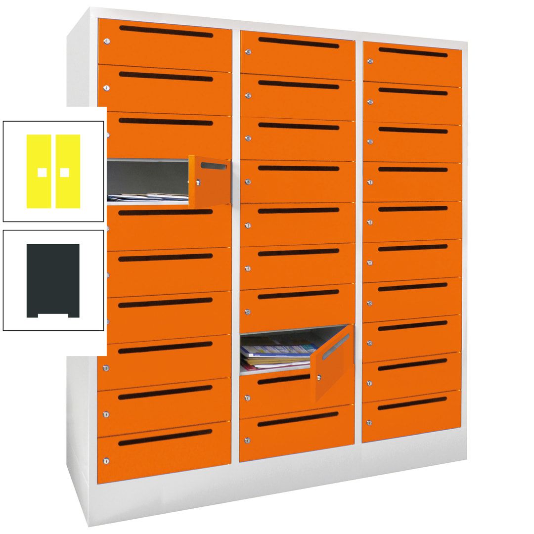 Postverteilerschrank, Schließfachschrank, 3 Abteile a 40 cm, 30 Fächer, 1.850 x 1.200 x 500 mm (HxBxT), Korpus anthrazitgrau, Front anthrazitgrau