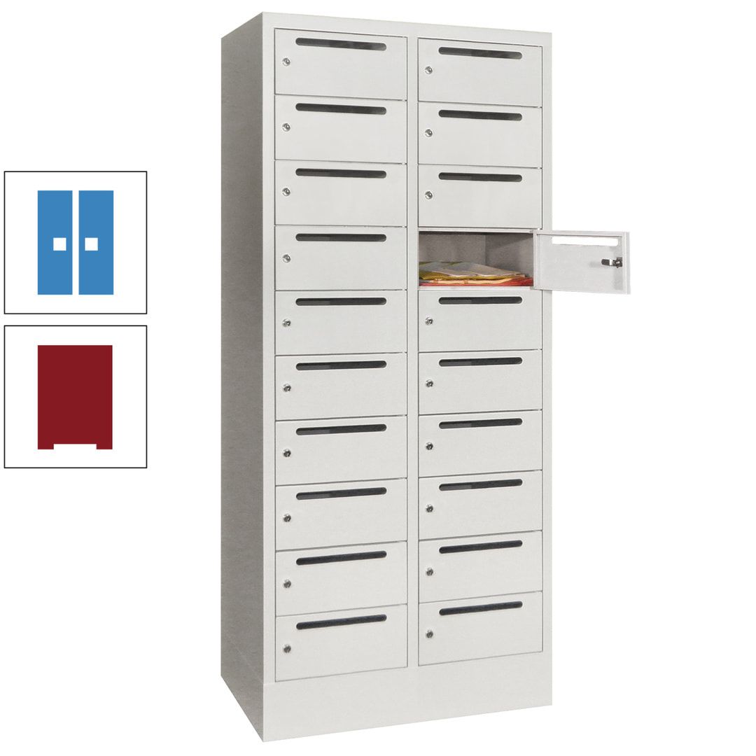 Postverteilerschrank, Schließfachschrank, 2 Abteile a 400 mm, 20 Fächer, 1.850 x 800 x 500 mm (HxBxT), Korpus anthrazitgrau, Front anthrazitgrau