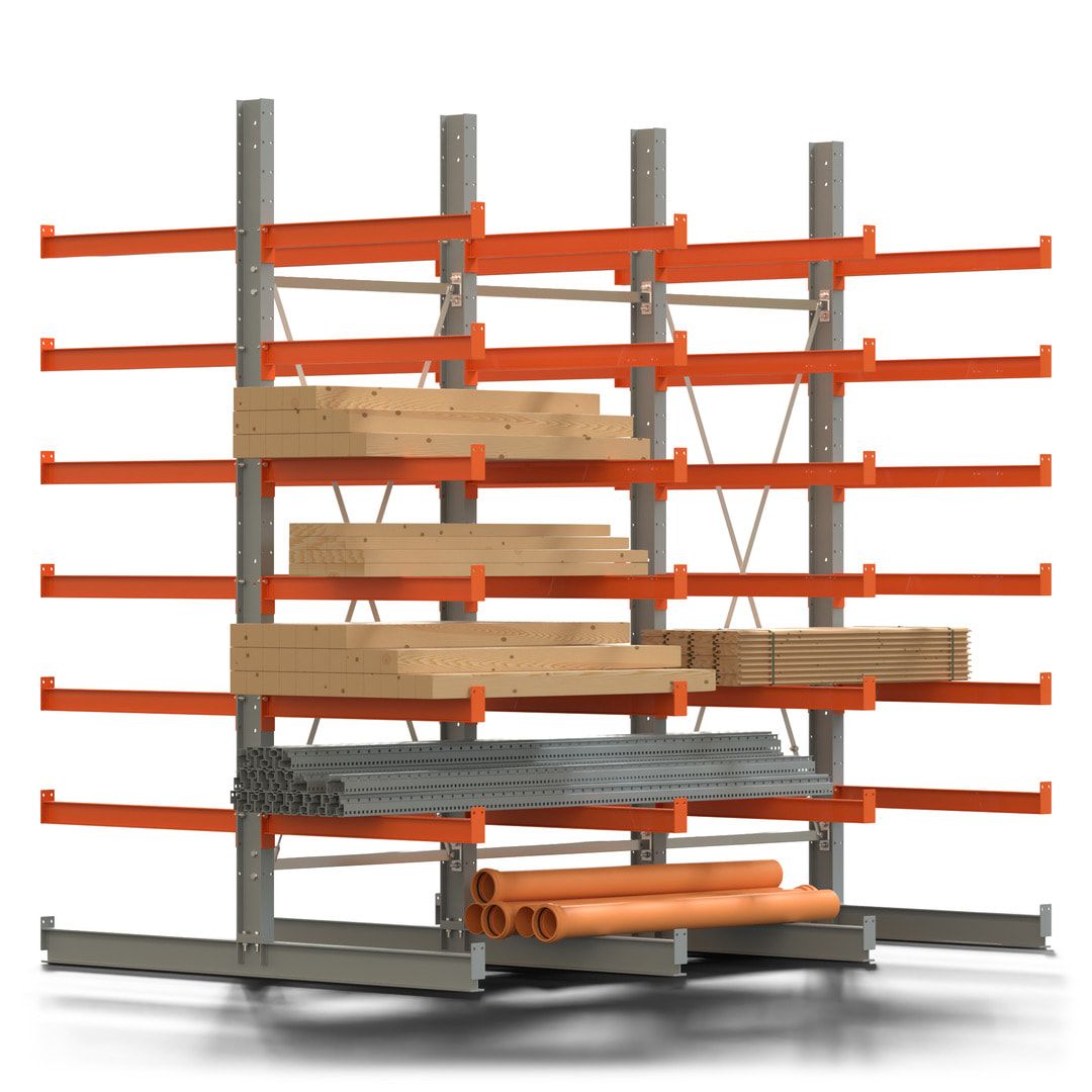 Doppelseitiges Kragarmregal, 2 Felder, 3.000 x 2.000 x 1.120 mm (HxBxT), Nutztiefe 500 mm, Kragarmlast 870 kg, KARL basic, silbergrau/reinorange
