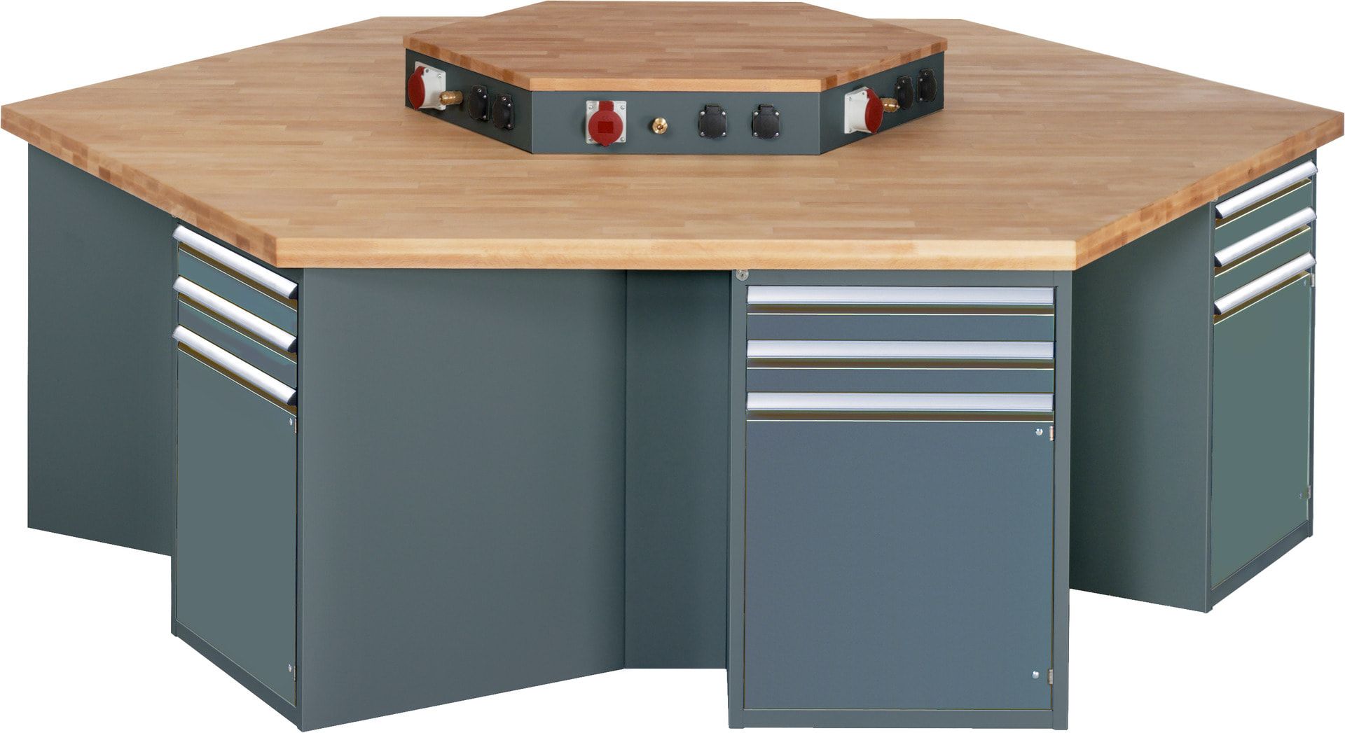 Gruppenwerkbank, Buche, Höhe 840 mm, mit Energieaufsatz, Unterbau-Container, 2 Schubladen, 1 Tür, 1 Boden - Anthrazitgrau