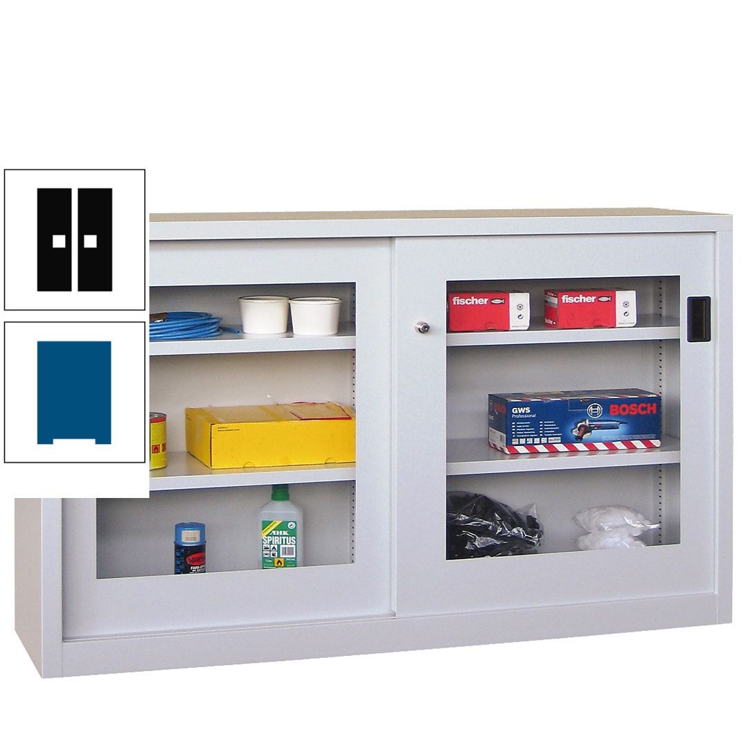 Schiebetürenschrank - Sichtfenstertüren - 1.000x1.500x600 mm (HxBxT) - 4 Böden, verzinkt - Zylinderschloss - anthrazitgrau