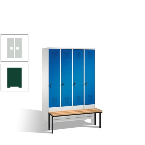 Stahl-Garderobenschrank, Spind, Buche Sitzbank vorgebaut, 4 Abteile a 300 mm, Korpus Lichtgrün, Tür Schwefelgelb, 1.850 x 1.200 x 815 mm (HxBxT)