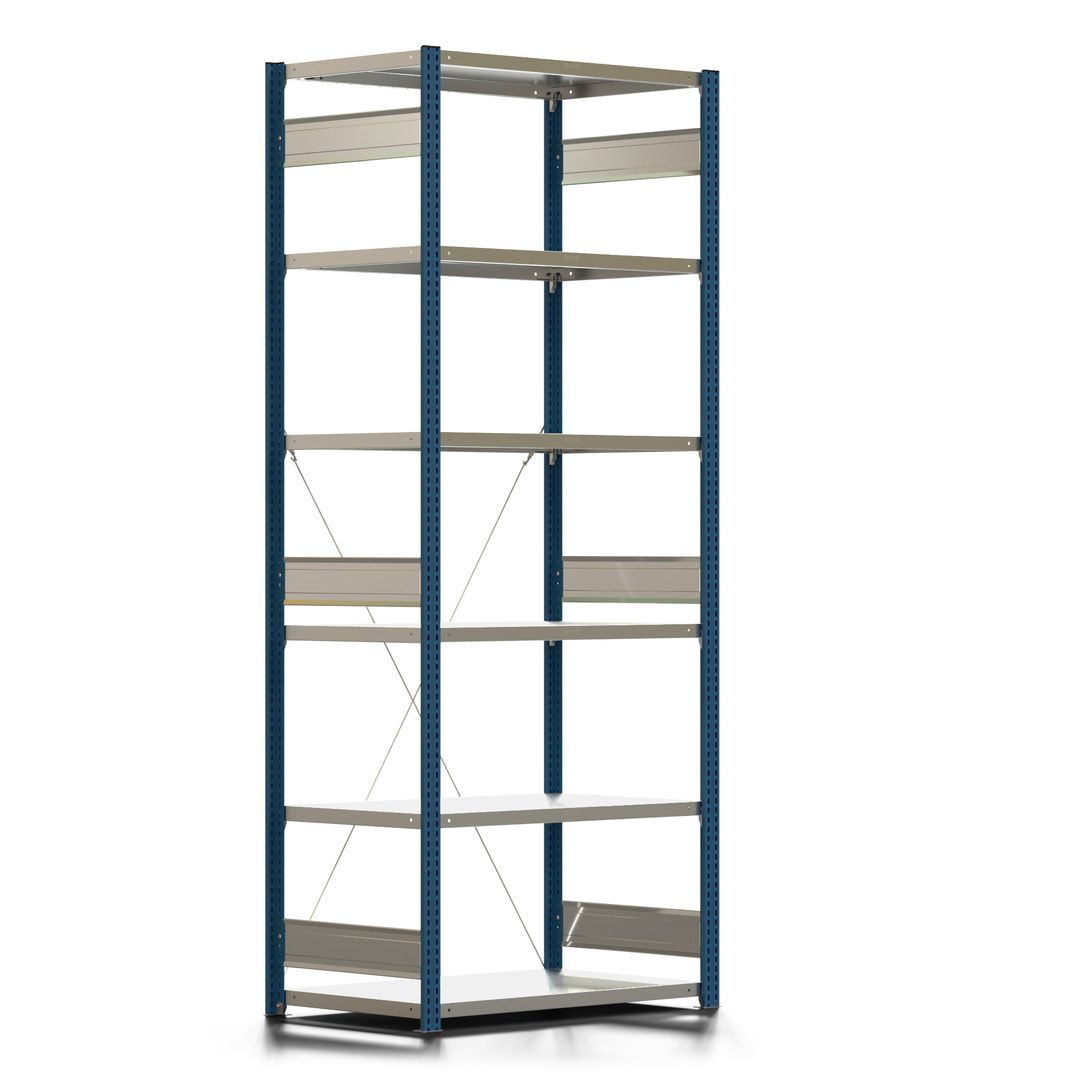 Fachbodenregal mit Tiefenriegel - 350 kg - 2.500 x 1.005 x 626 mm (HxBxT) - Anbauregal - 6 Böden - enzianblau - Lagerregal - Steckregal BERT