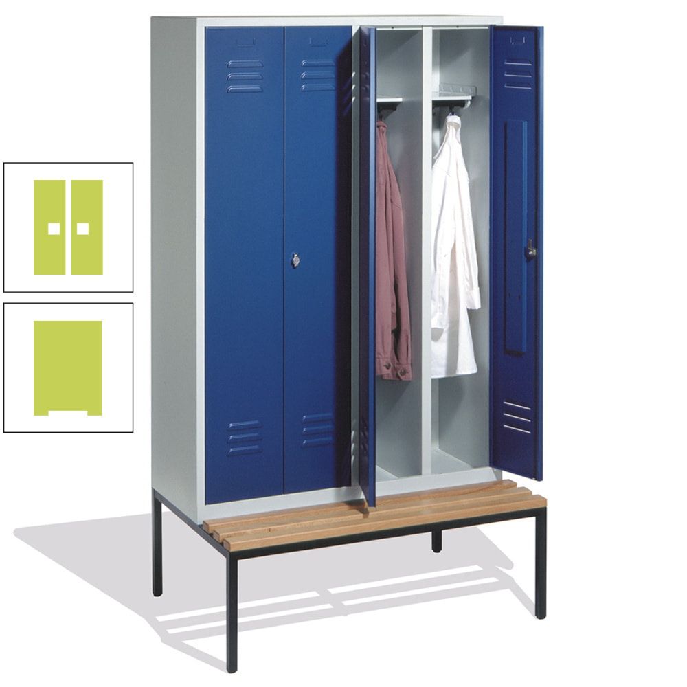 Doppel-Spindschrank, Buche Sitzbank untergebaut, 4 Abteile a 300 mm, Korpus lichtgrau, Tür anthrazitgrau, 2.090 x 1.190 x 815 mm (HxBxT)