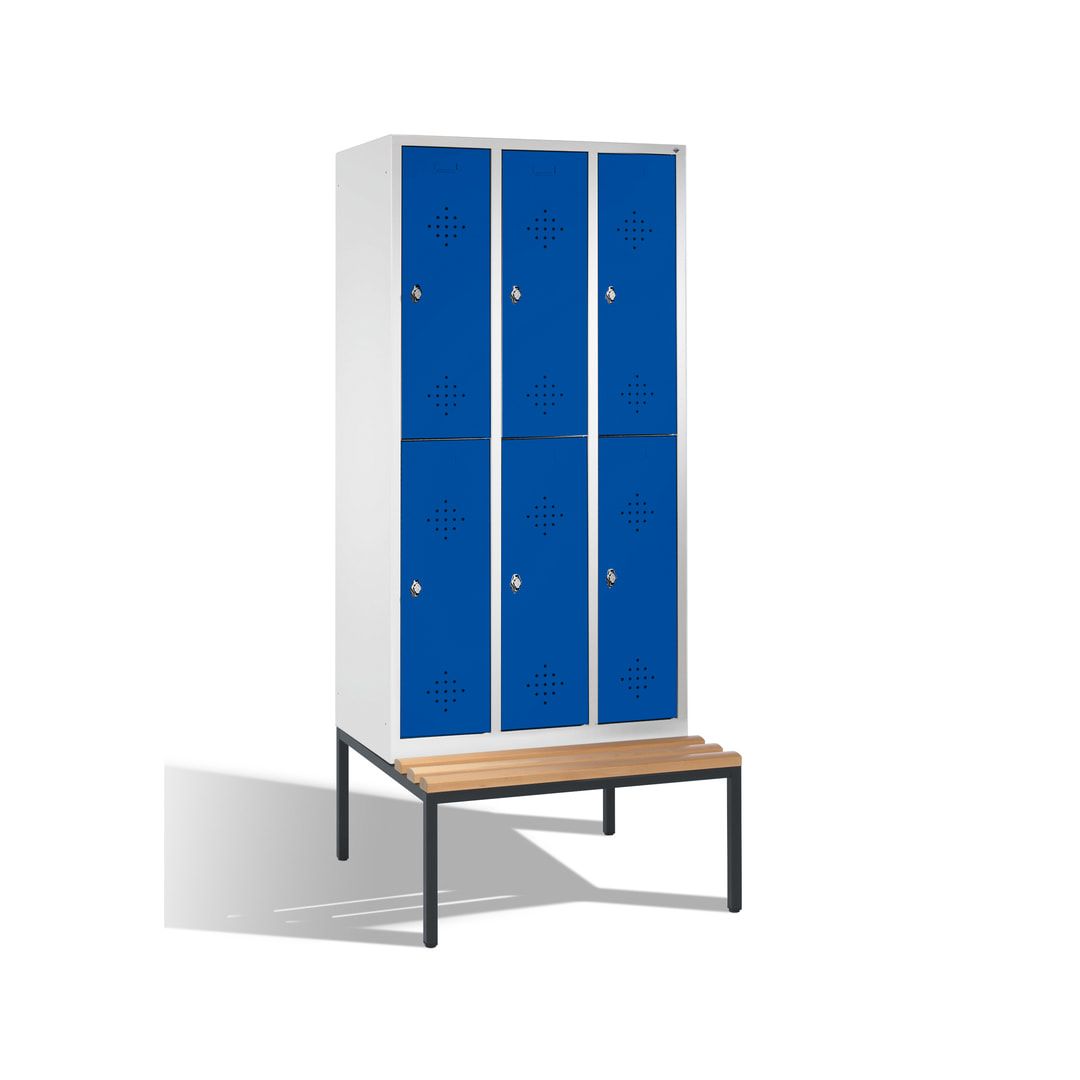 Garderobenschrank, Spind, 3 Abteile 6 Fächer, 2.090 x 1.200 x 815 mm (HxBxT), Hartholz Sitzbank untergebaut, Korpus anthrazitgrau, Türen anthrazitgrau