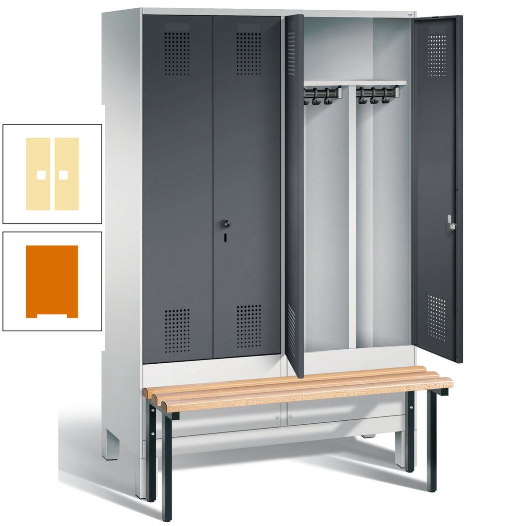 Doppel-Spind, Garderobenschrank, Buche Sitzbank vorgebaut, 4 Abteile a 300 mm, Korpus feuerrot, Tür Wasserblau, 1.850 x 1.200 x 815 mm (HxBxT)