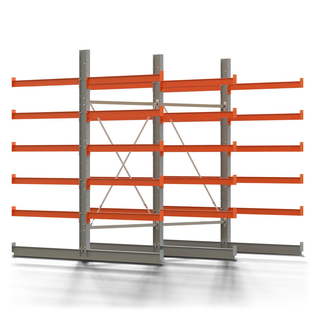 Doppelseitiges Kragarmregal, 2 Felder, 2.500 x 2.560 x 1.120 mm (HxBxT), Nutztiefe 500 mm, Kragarmlast 870 kg, KARL basic, silbergrau/reinorange