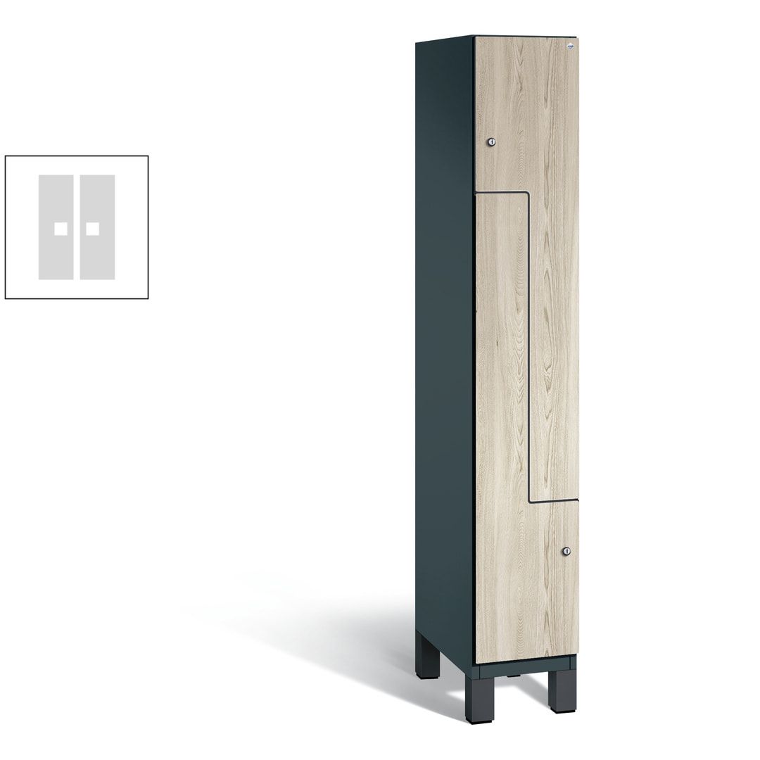 Z-Garderobenspind mit Füßen, 2 Personen, 1.980 x 300 x 525 mm (HxBxT), Korpus Fernblau, Dekorfront HPL Donau-Ahorn