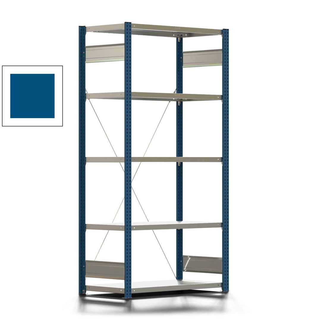 Fachbodenregal mit Tiefenriegel - 250 kg - 2.000 x 1.005 x 500 mm (HxBxT) - Anbauregal - Rahmen enzianblau - Böden verzinkt - Steckregal