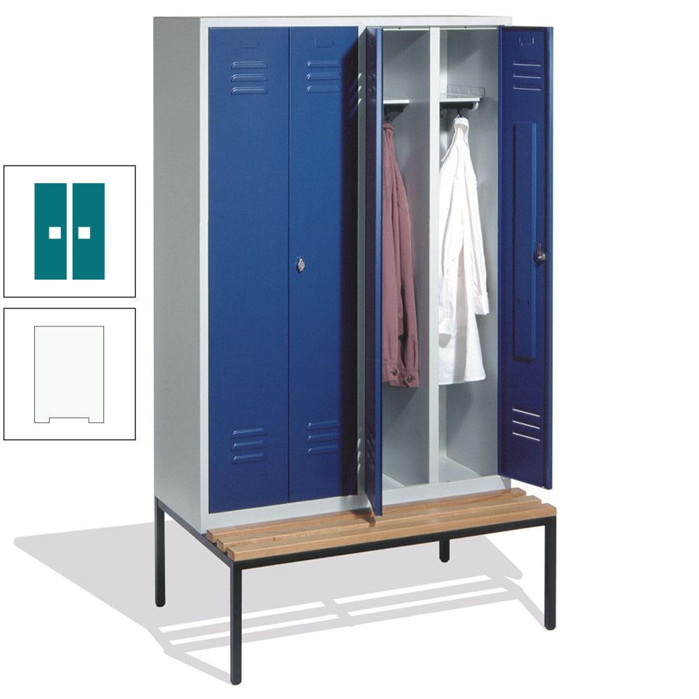 Doppel-Spindschrank, Buche Sitzbank untergebaut, 4 Abteile a 300 mm, Korpus lichtgrau, Tür anthrazitgrau, 2.090 x 1.190 x 815 mm (HxBxT)