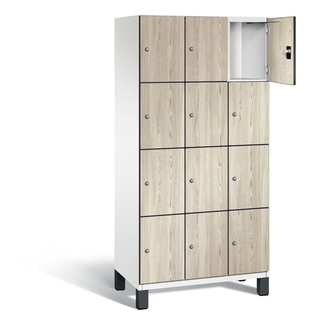Fächerschrank, Stahlschrank, 12 Fächer, Türöffnungsbegrenzer, Füße, Korpus anthrazitgrau, Dekorfront HPL Donau-Ahorn, 1.980 x 900 x 525 mm (HxBxT)