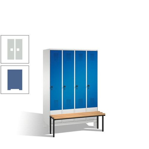 Stahl-Garderobenschrank, Spind, Buche Sitzbank vorgebaut, 4 Abteile a 300 mm, Korpus Lichtgrün, Tür Schwefelgelb, 1.850 x 1.200 x 815 mm (HxBxT)