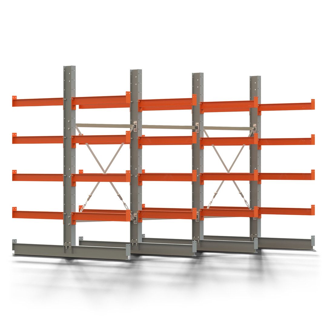 Doppelseitiges Kragarmregal, 2 Felder, 2.000 x 2.000 x 1.120 mm (HxBxT), Nutztiefe 500 mm, Kragarmlast 870 kg, KARL basic, silbergrau/reinorange