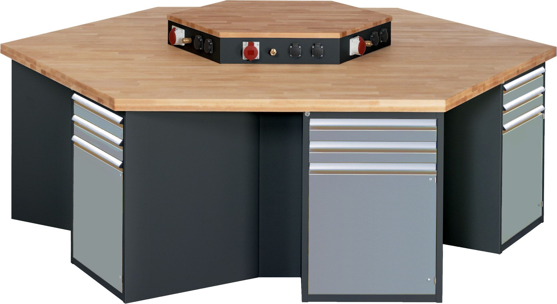 Gruppenwerkbank, Buche, Höhe 840 mm, mit Energieaufsatz, Unterbau-Container, 2 Schubladen, 1 Tür, 1 Boden - Anthrazitgrau