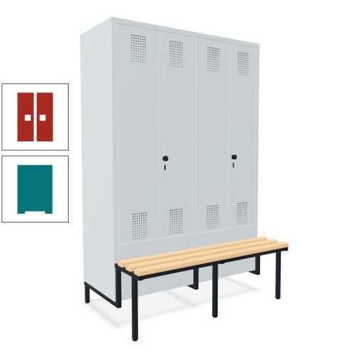 Doppel-Spind, Garderobenschrank, Buche Sitzbank integriert, 4 Abteile 300 mm, Korpus anthrazitgrau, Tür anthrazitgrau, 1.850 x 1.200 x 815 mm (HxBxT)