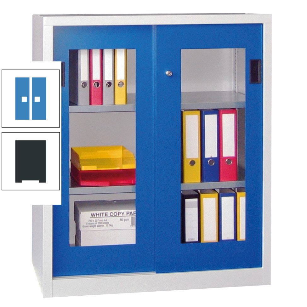 Schiebetürenschrank - Sichtfenstertüren - 1.000x1.000x400 mm (HxBxT) - 2 Böden, gepulvert - Zylinderschloss - anthrazitgrau