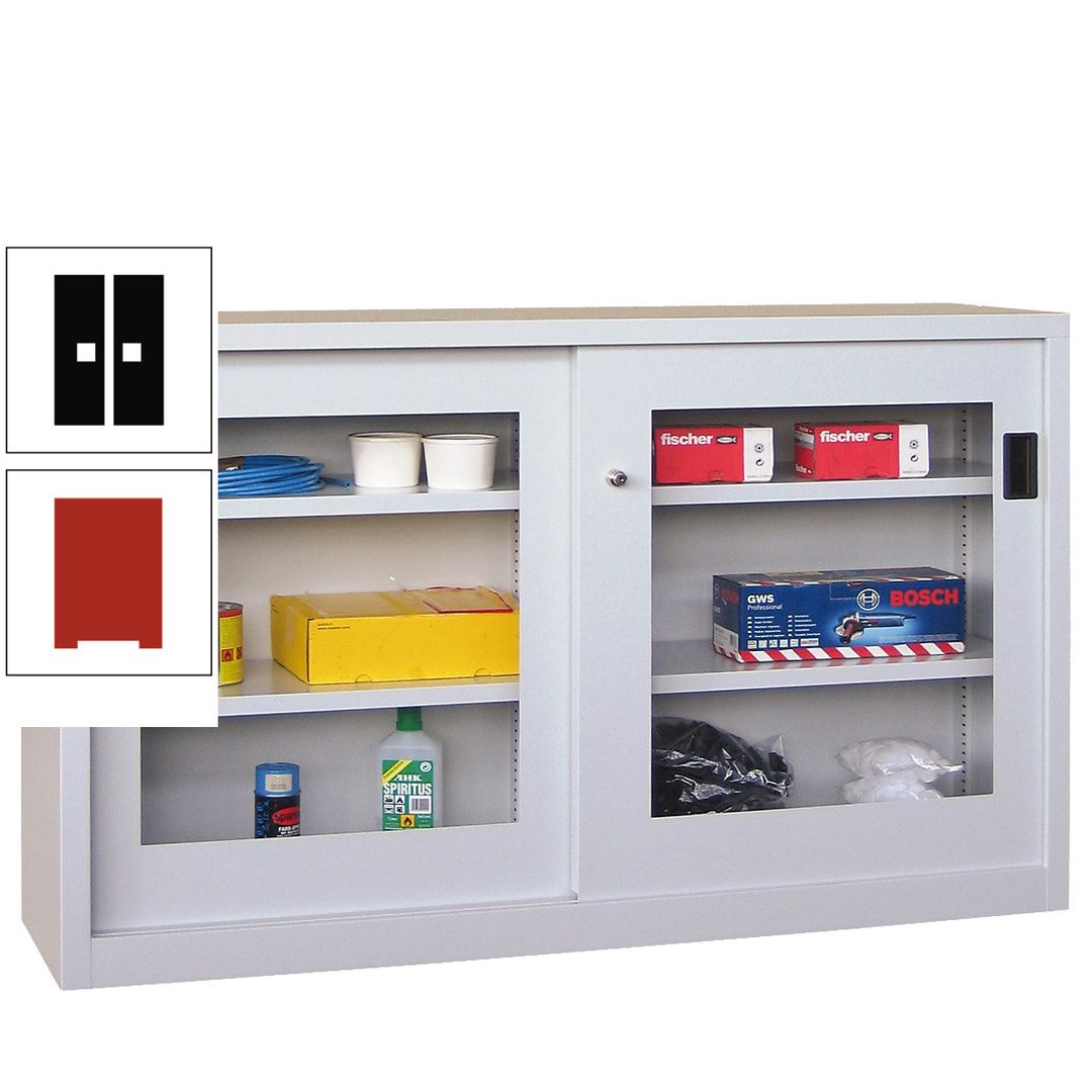 Schiebetürenschrank - Sichtfenstertüren - 1.000x1.500x600 mm (HxBxT) - 4 Böden, verzinkt - Zylinderschloss - anthrazitgrau