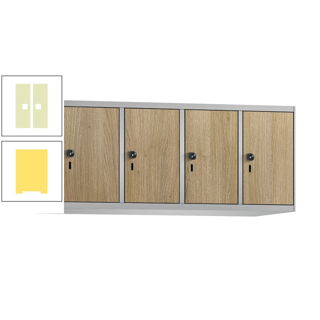 Aufsatzschrank, Schrankaufsatz, 4 Fächer a 300 mm, Farbe Pastellgelb, Tür anthrazitgrau, 500 x 1.200 x 500 mm (HxBxT)