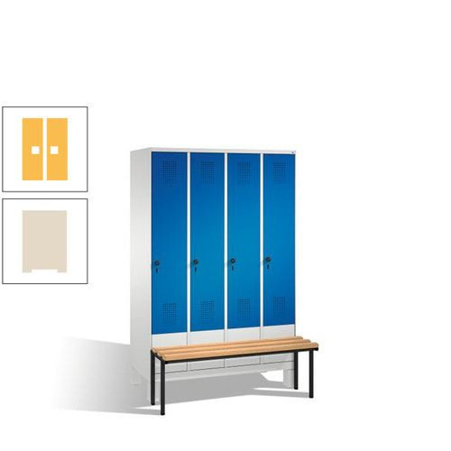 Stahl-Garderobenschrank, Spind, Buche Sitzbank vorgebaut, 4 Abteile a 300 mm, Korpus Lichtgrün, Tür Schwefelgelb, 1.850 x 1.200 x 815 mm (HxBxT)