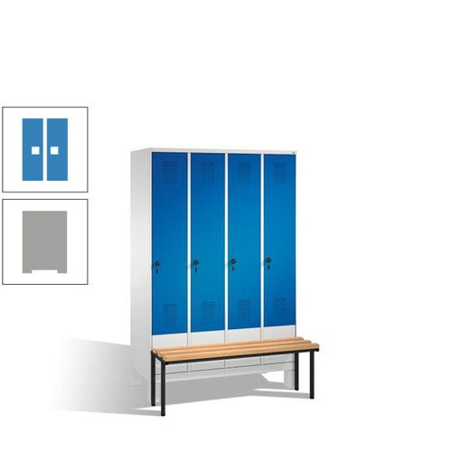 Stahl-Garderobenschrank, Spind, Buche Sitzbank vorgebaut, 4 Abteile a 300 mm, Korpus Lichtgrün, Tür Schwefelgelb, 1.850 x 1.200 x 815 mm (HxBxT)