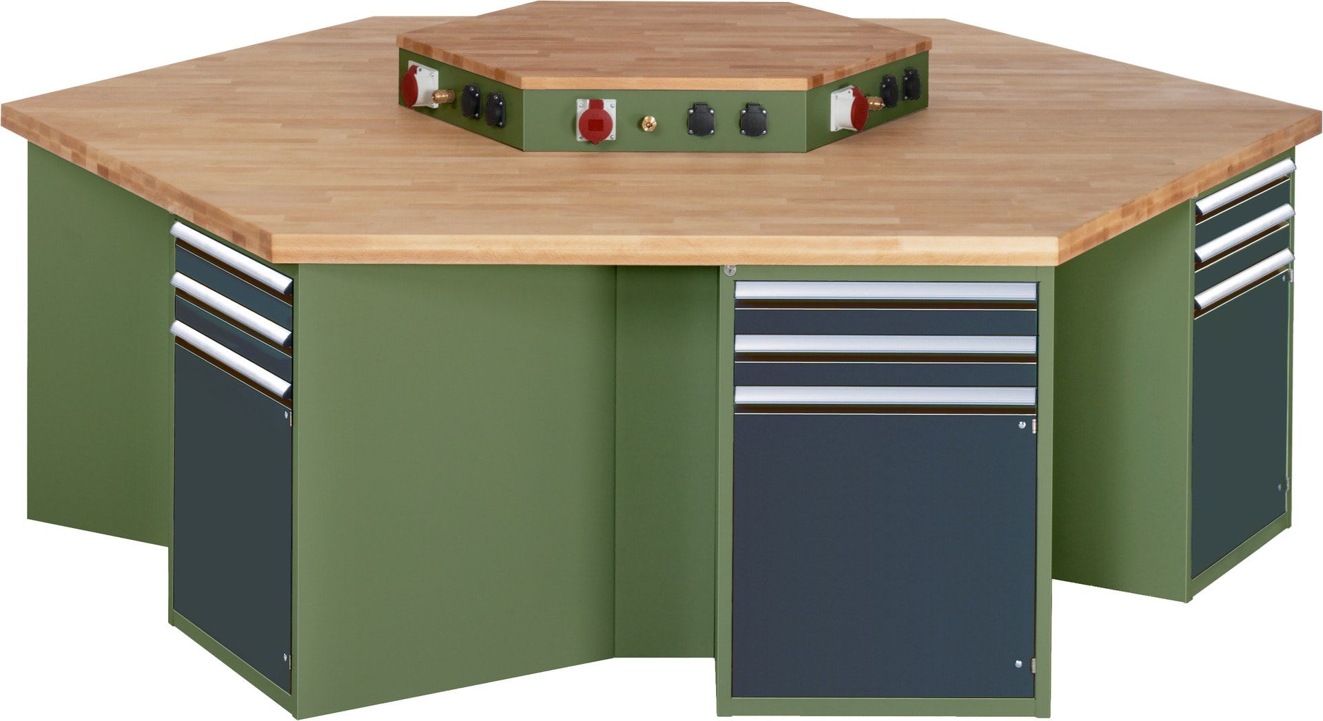 Gruppenwerkbank, Buche, Höhe 840 mm, mit Energieaufsatz, Unterbau-Container, 2 Schubladen, 1 Tür, 1 Boden - Anthrazitgrau