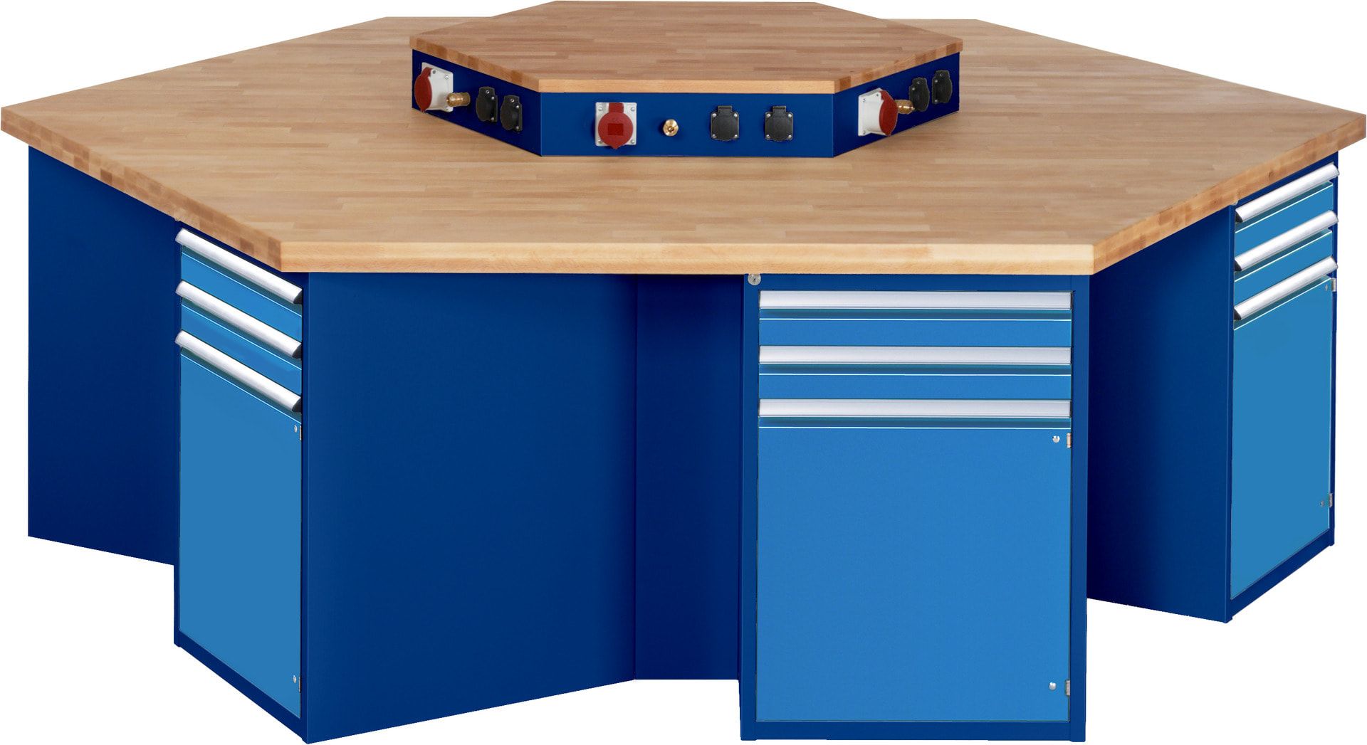 Gruppenwerkbank, Buche, Höhe 840 mm, mit Energieaufsatz, Unterbau-Container, 2 Schubladen, 1 Tür, 1 Boden - Anthrazitgrau