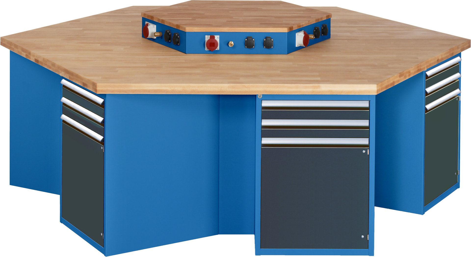 Gruppenwerkbank, Buche, Höhe 840 mm, mit Energieaufsatz, Unterbau-Container, 2 Schubladen, 1 Tür, 1 Boden - Anthrazitgrau